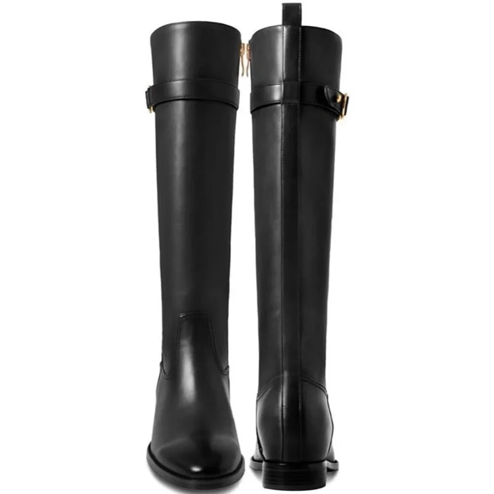 Women's 3/black Flat Round Toe Low Heel Comfortable Side Zipper Knee High Boots